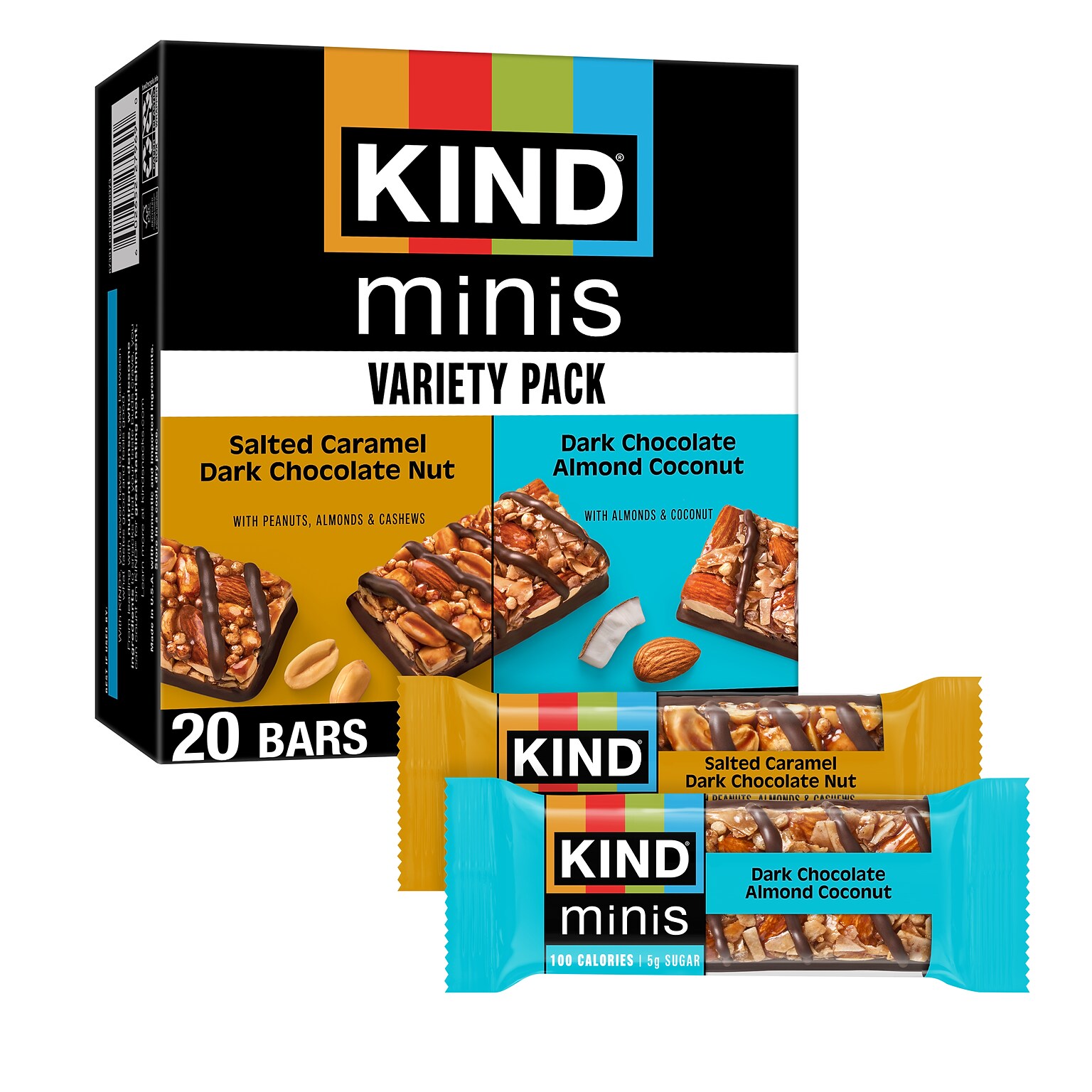 KIND Minis Bars, Salted Caramel Dark Chocolate Nut/Dark Chocolate Almond Coconut, 0.7 oz., 20/Pack (27970)