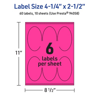 Avery Oval Laser/Inkjet Multipurpose Labels, 4.25" x 2.5", Neon Magenta (60/Pack)
