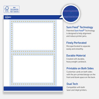 Avery Gold Dots with Blue Border Matte Blank Card, White, 20/Pack (S00-DMN)