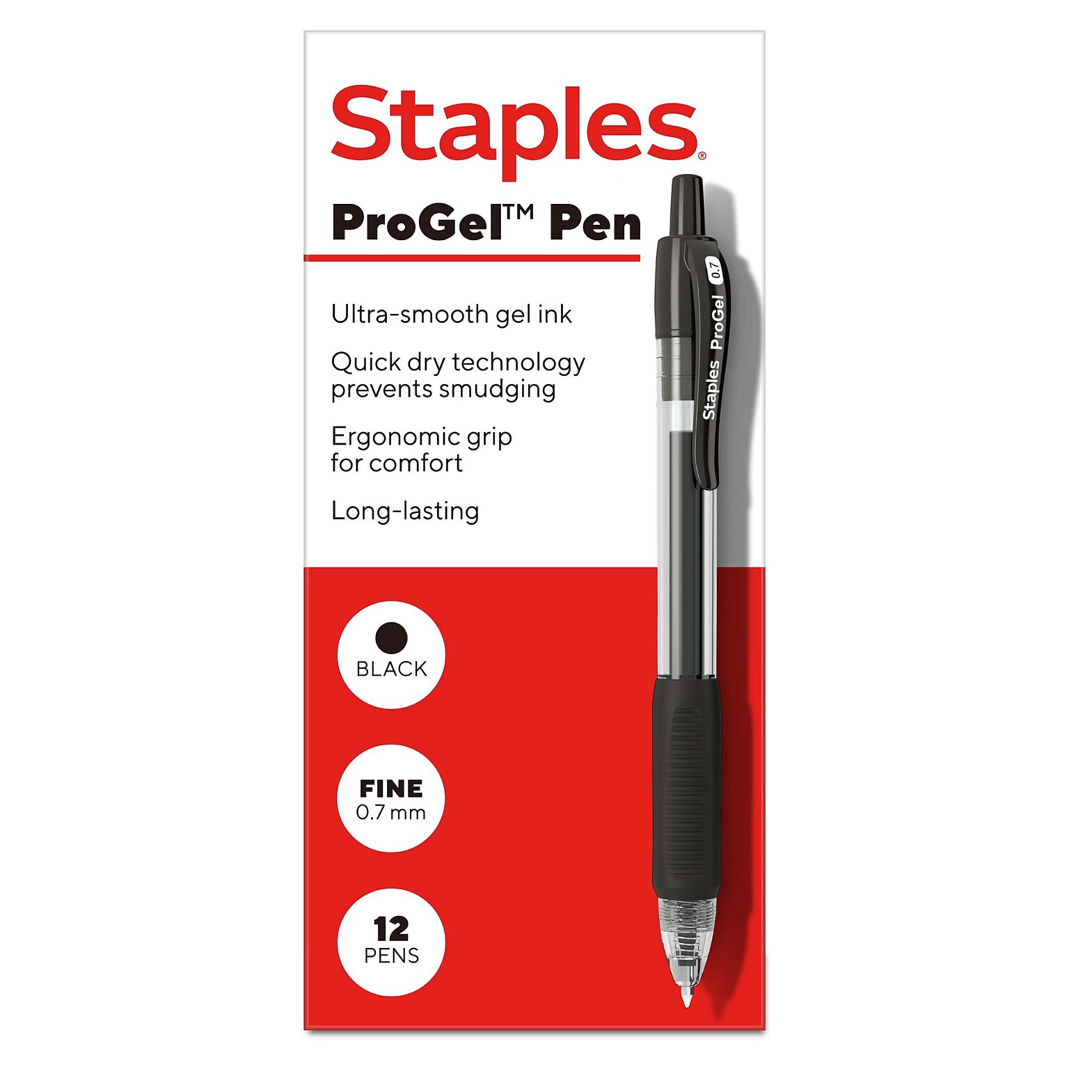 Staples ProGel™ Retractable Gel Pen, Fine Point, 0.7mm, Black Ink, Dozen (ST62095)