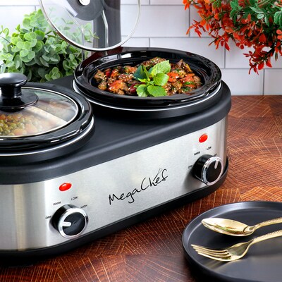 MegaChef Dual Buffet Server 1.5 Quart Slow Cooker, Silver (936120188M)