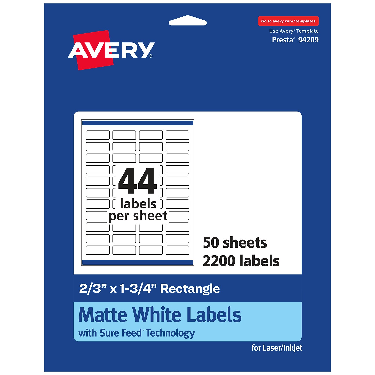 Avery Laser/Inkjet Rectangle Multipurpose Labels, 0.67 x 1.75, White, 2200 Labels/Box (94209)