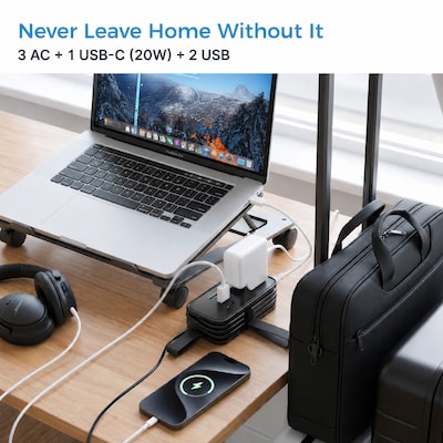 Uncaged Ergonomics Travel Power Strip with USB-C, 3 AC, 2 USB-C (20W), 1 USB-A, 3.4 ft Cord, Black
