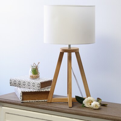 Simple Designs Interlocked Triangular Natural Wood Table Lamp with White Fabric Shade (LT1069-NWH)