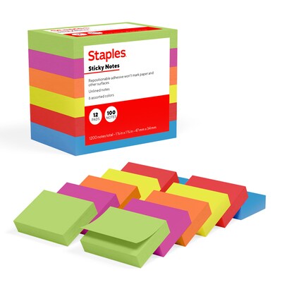 Staples Sticky Notes, 1 3/8" x 1 7/8", Summer Breeze Collection, 100 Sheets/Pad, 12 Pads/Pack (ST62862)