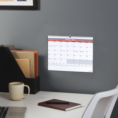 2026 Staples 15" x 12" Monthly Wall Calendar, White/Red/Gray (ST52080-26)