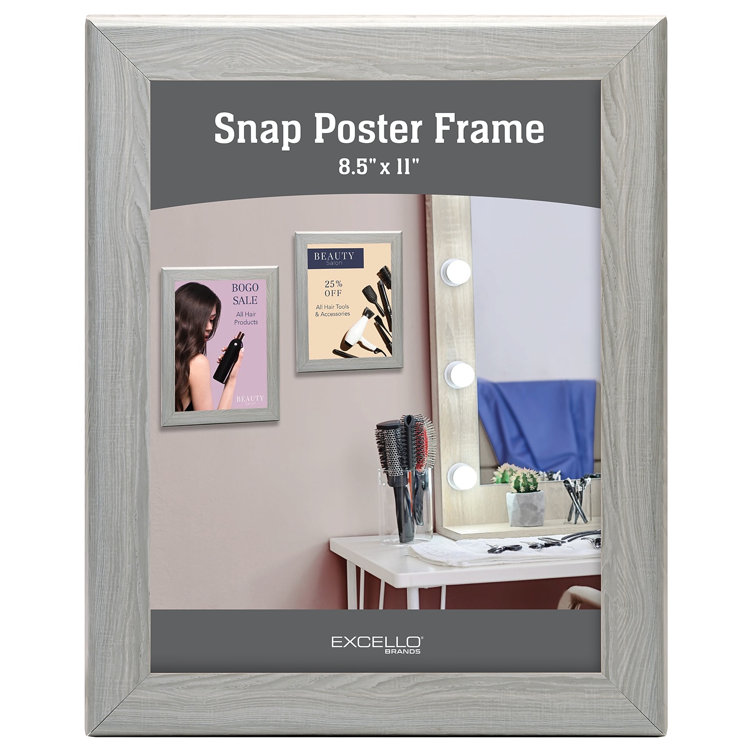 Excello Brands Plastic Snap Frame, 8.5 x 11, Vertical/Horizontal, Wall Mounted, Gray Oak (SF-8511-GRYOAK)