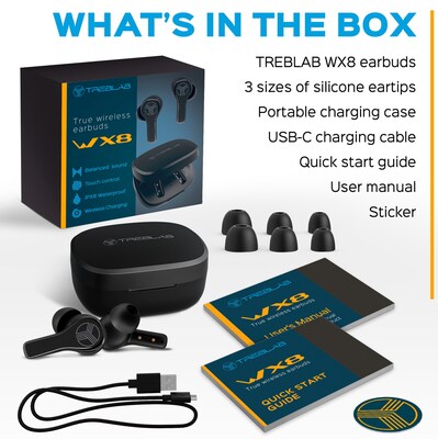Treblab WX8 True Wireless IPX8 Waterproof Earbuds, Bluetooth, Black