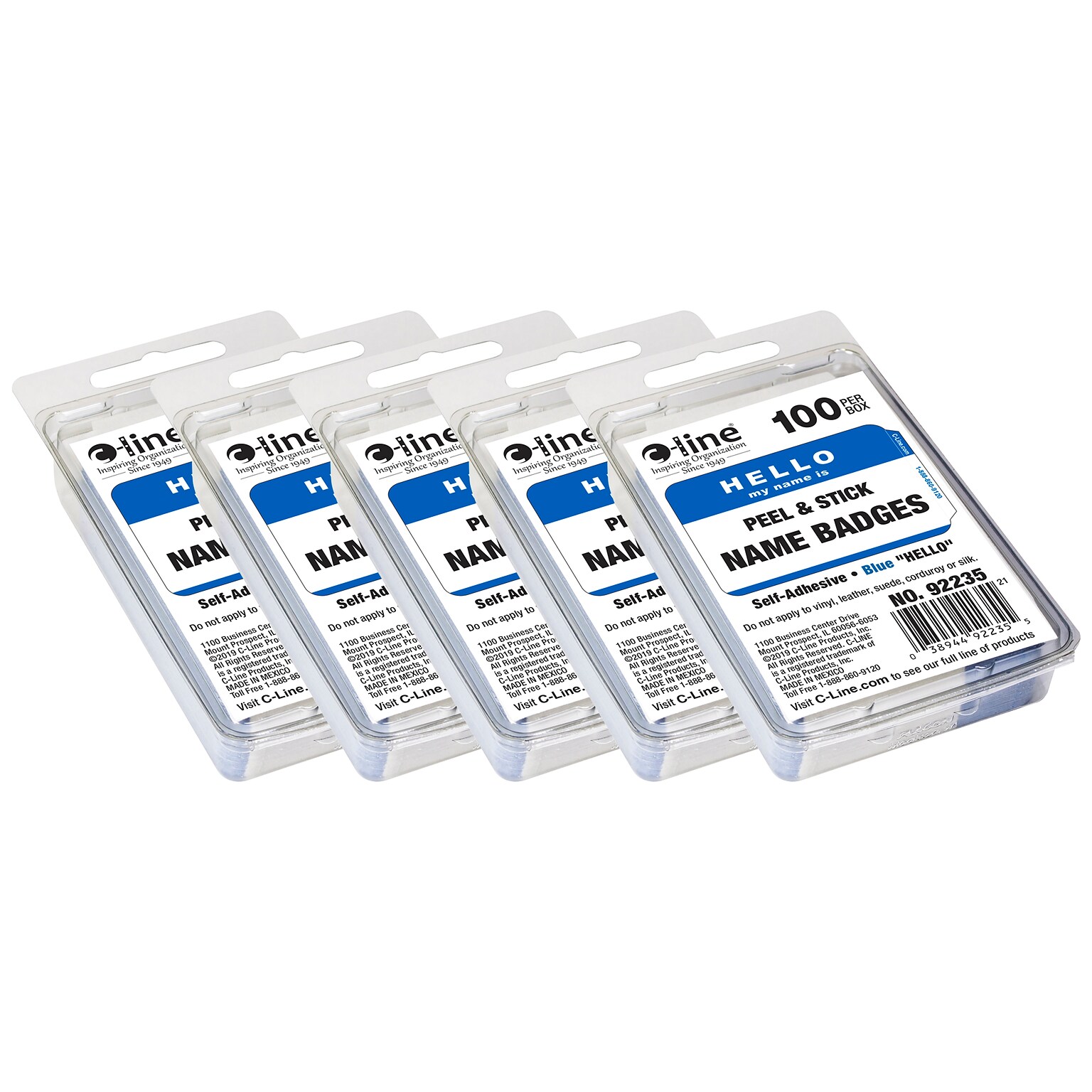 C-Line® Pressure Sensitive Badges, Hello my name is, Blue, 3-1/2 x 2-1/4, 100 Per Pack, 5 Packs (CLI92235-5)