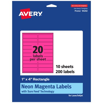Avery Rectangle Laser/Inkjet Multipurpose Labels, 1 x 4, Neon Magenta (200/Pack)