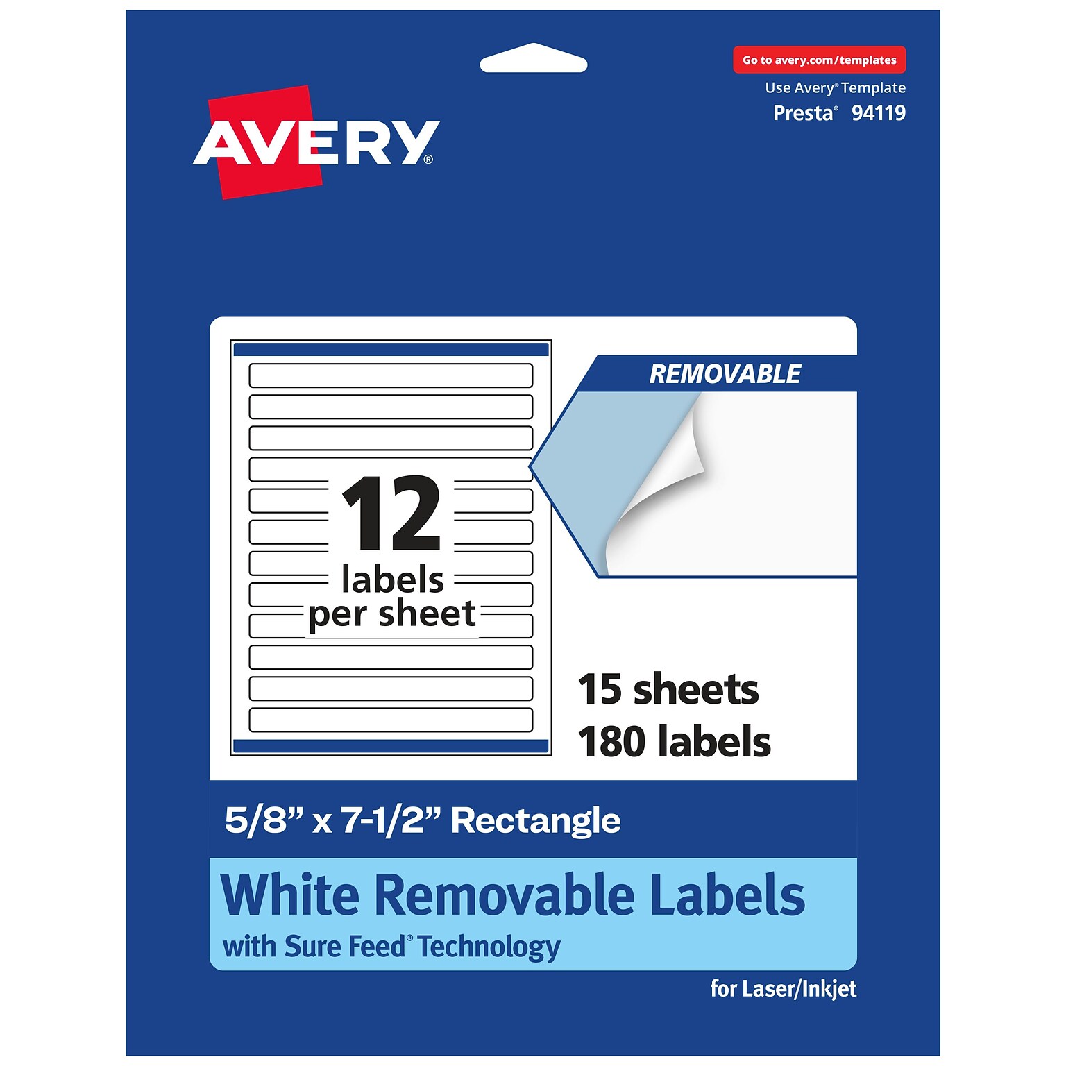 Avery Laser/Inkjet Rectangle Multipurpose Labels, 5/8 x 7-1/2, White, 180 Labels/Pack (94119)