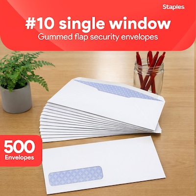 Staples Security Tinted #10 Window Envelopes, 4 1/8 x 9 1/2, White Wove, 500/Box (ST50152-CC)