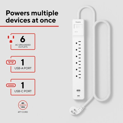 Staples TECH 6-Outlet 2-USB Port Surge Protector, 4, 1800 Joules, White (ST62769)