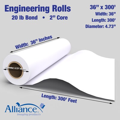 Alliance 20# Wide Format CAD Inkjet Bond Paper, 36" x 300', Uncoated, 2/Pack (36300)