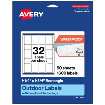 Avery Waterproof Rectangle Laser Multipurpose Labels, 1.25 x 1.75, White, 1600/Box (19479399262)