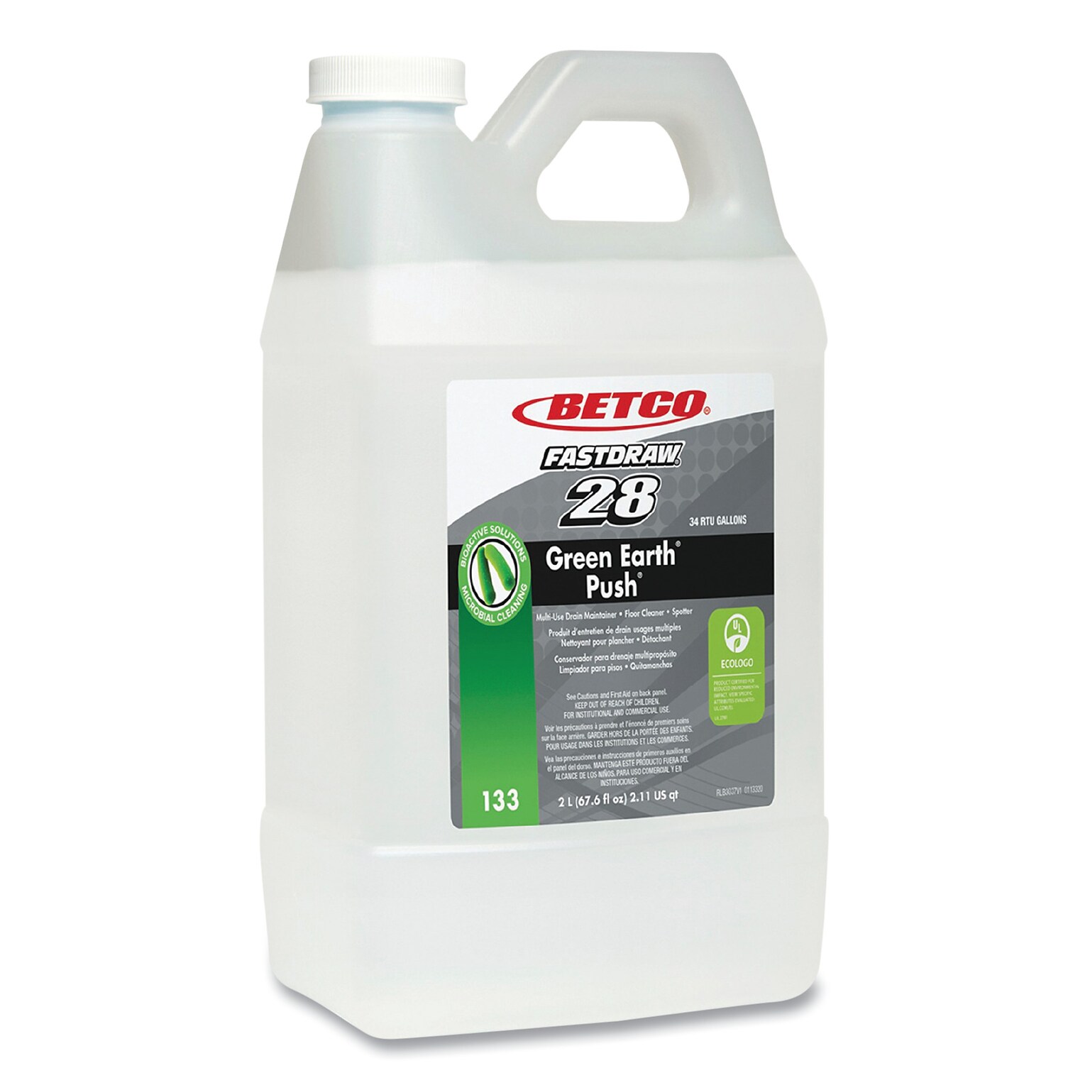 Betco Green Earth Bioactive Solutions PUSH Drain Cleaner, New Green Scent, 2 L Bottle, 4/Carton (BET1334700)