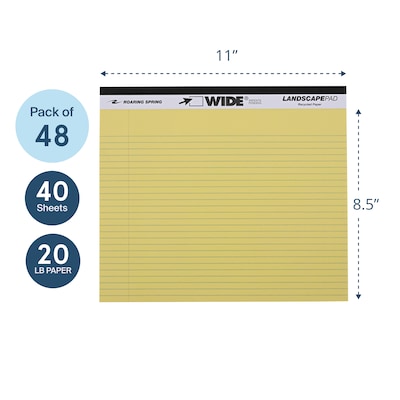 Roaring Spring Wide Notepad, 11" x 9.5", College Ruled, 20 lb. Heavyweight Paper, Yellow, 40 Sheets/Pad, 48 Pads/Case (74501CS)