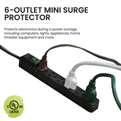 GoGreen Power 6 Outlet Mini Surge Protector, 2' cord, Black (GG-16103MINBK)
