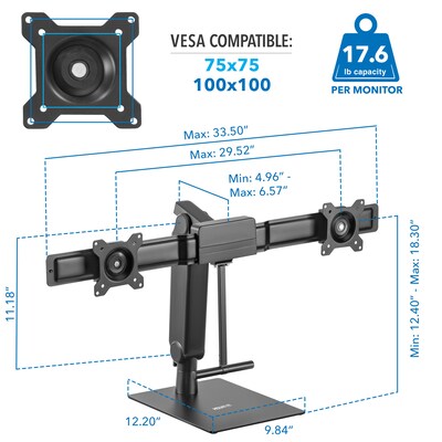 Mount-It! Height Adjustable Dual Monitor Arm, Freestanding Mount, Fits 17"-32" Monitors, Black (MI-2758)