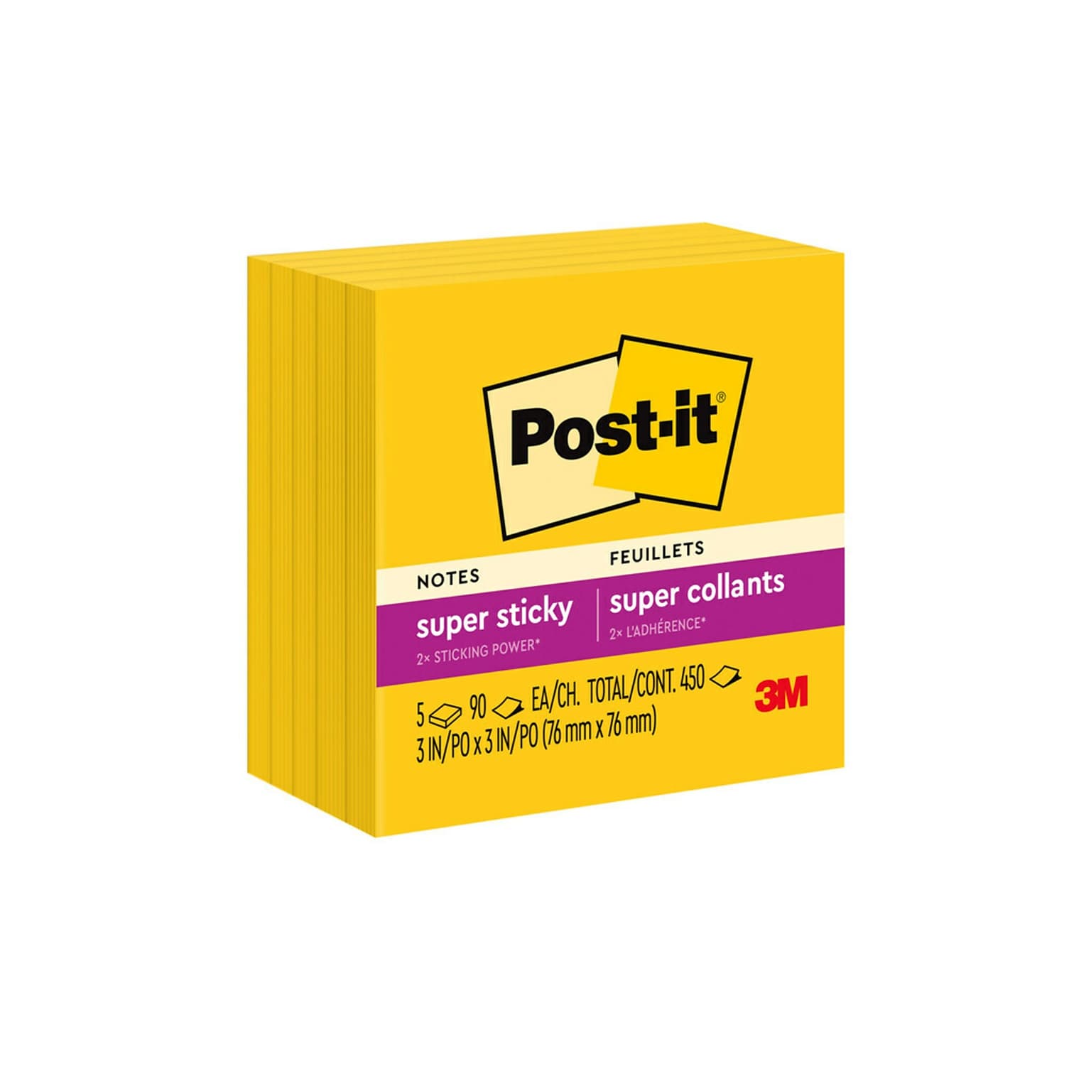 Post-it Super Sticky Notes, 3 x 3, Yellow, 90 Sheet/Pad, 5 Pads/Pack (6545SSY)