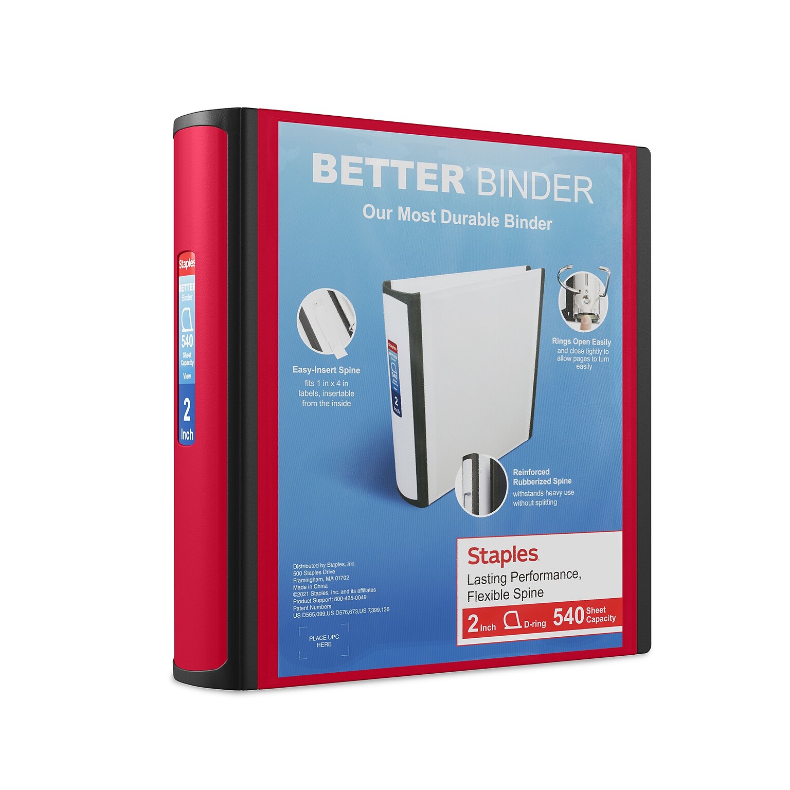 Staples 2 3-Ring Better Binder, D-Ring, Red (18368)