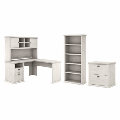 Bush Furniture Yorktown 60" L-Shaped Desk with Hutch, Lateral File Cabinet and 5 Shelf Bookcase, Linen White Oak (YRK003LW)