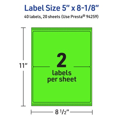 Avery Rectangle Multipurpose Labels, 5" x 8-1/8", Neon Green, 40/Pack (94259)