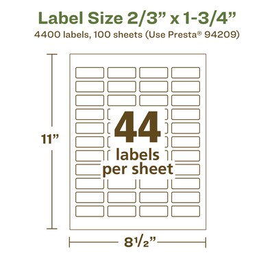 Avery EcoFriendly Laser/Inkjet Rectangle Multipurpose Labels, 2/3" x 1-3/4", White, 4400/Box (94209)