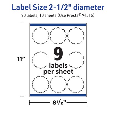 Avery TrueBlock Laser/Inkjet Decorative Edge Multipurpose Labels, 2.5" Dia., White, 90/Pack (94516)