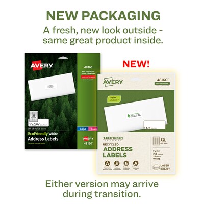 Avery EcoFriendly Laser/Inkjet Address Labels, 1 x 2-5/8, White, 750 Labels/Pack (48160)