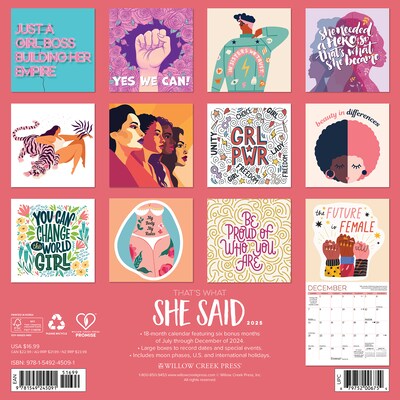 2025 Willow Creek Thats What She Said, Inspiring Women Quotes 12 x 12 Monthly Wall Calendar (4509