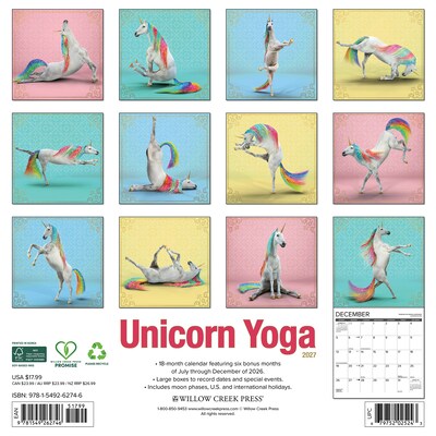 2027 Willow Creek Unicorn Yoga 12 x 12 Monthly Wall Calendar, Assorted Colors (62746)