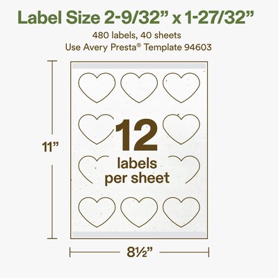 Avery Hemp Heart Laser/Inkjet Multipurpose Labels, 2-9/32" x 1-27/32", Off-White (480/Box)