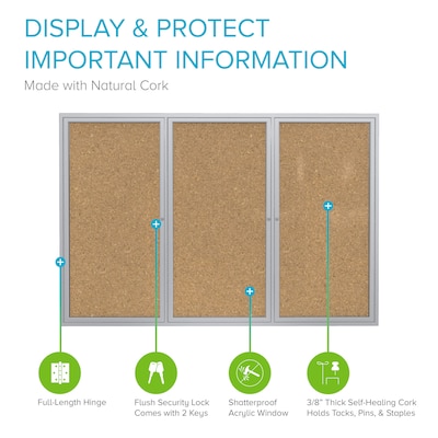 Ghent 3 Door Enclosed Natural Cork Bulletin Board, Satin Aluminum Frame, 4H x 8W, (GHEPA34896K)