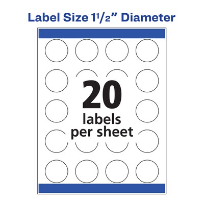 Avery Sure Feed Inkjet Round Labels, 1-1/2" Diameter, White, 20 Labels/Sheet, 20 Sheets/Pack, 400 Labels/Pack (8293)