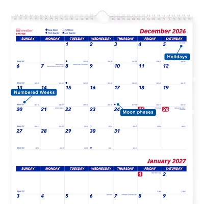 2026-2027 Brownline Classic 12.25" x 27" Three-Month Wall Calendar, White (C171128-27)