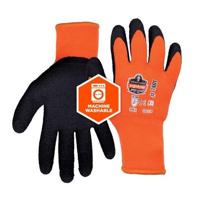 Ergodyne ProFlex 7401 Winter Work Gloves, Fleece Lined, Latex Coated Palm, 13 Gauge, A5 Cut Level, Orange, Medium, 12/Pack