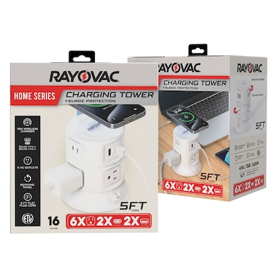 RAYOVAC Charging Tower 6-Outlet 4-USB Port Surge Protector with Wireless Charging, 5-ft., 540 Joules, White (SS-Q913)