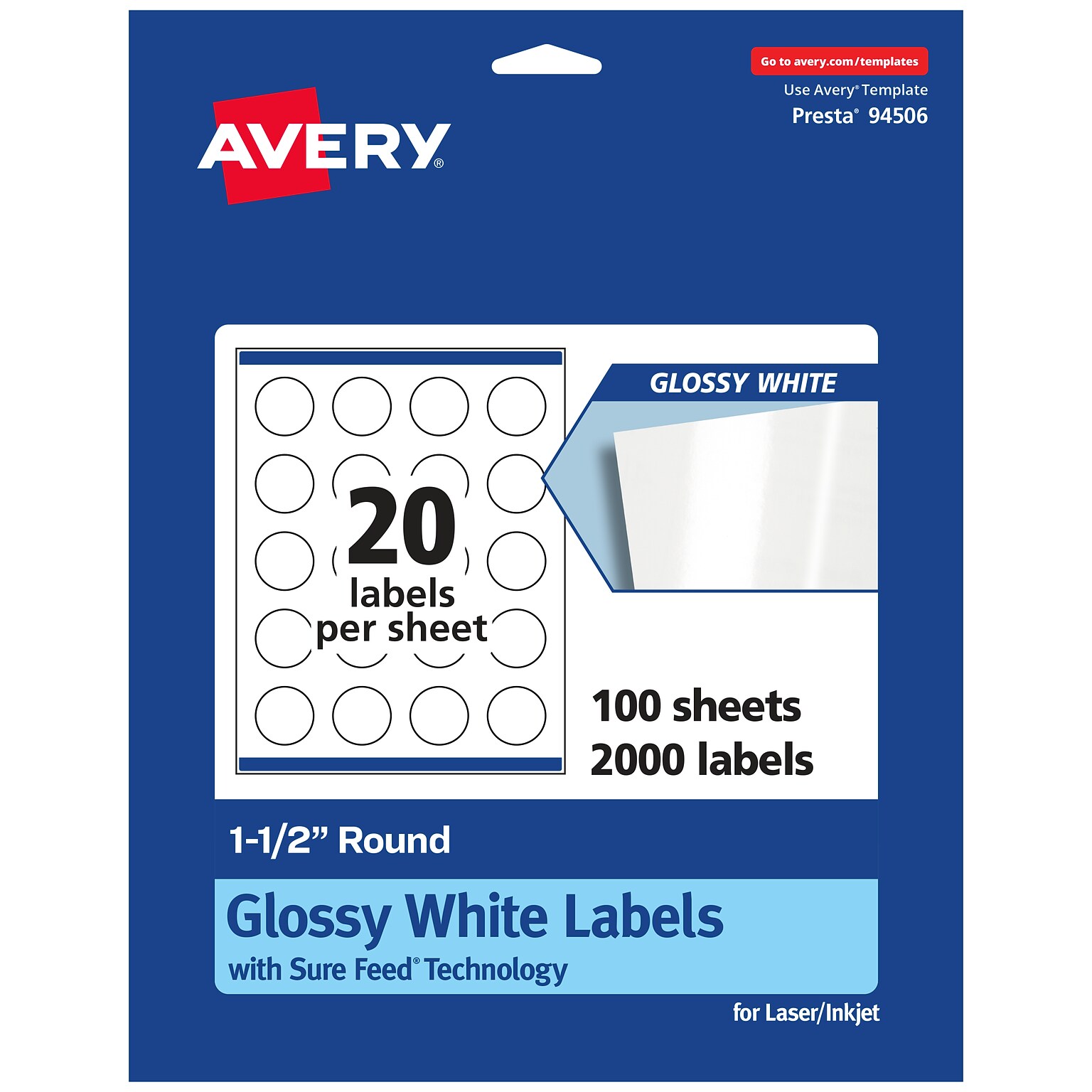 Avery Laser/Inkjet Round Multipurpose Labels, White, 20 Labels/Sheet, 100 Sheets/Pack (94506-WGP100)