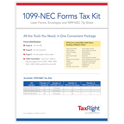 TaxRight™ 2023 1099-NEC Tax Form Kit with Envelopes, 4-Part, 50/Pack (NECSC6103E)