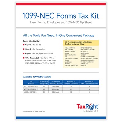 TaxRight 2023 1099-NEC Tax Form Kit with Envelopes, 4-Part, 50/Pack (NECSC6103E)