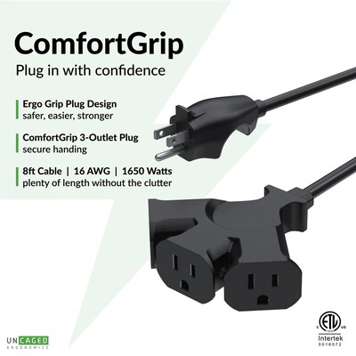 Uncaged Ergonomics Comfort Grip 8' Extension Cord, 3-Outlet, 16 AWG, Black (CGEC-BLACK)