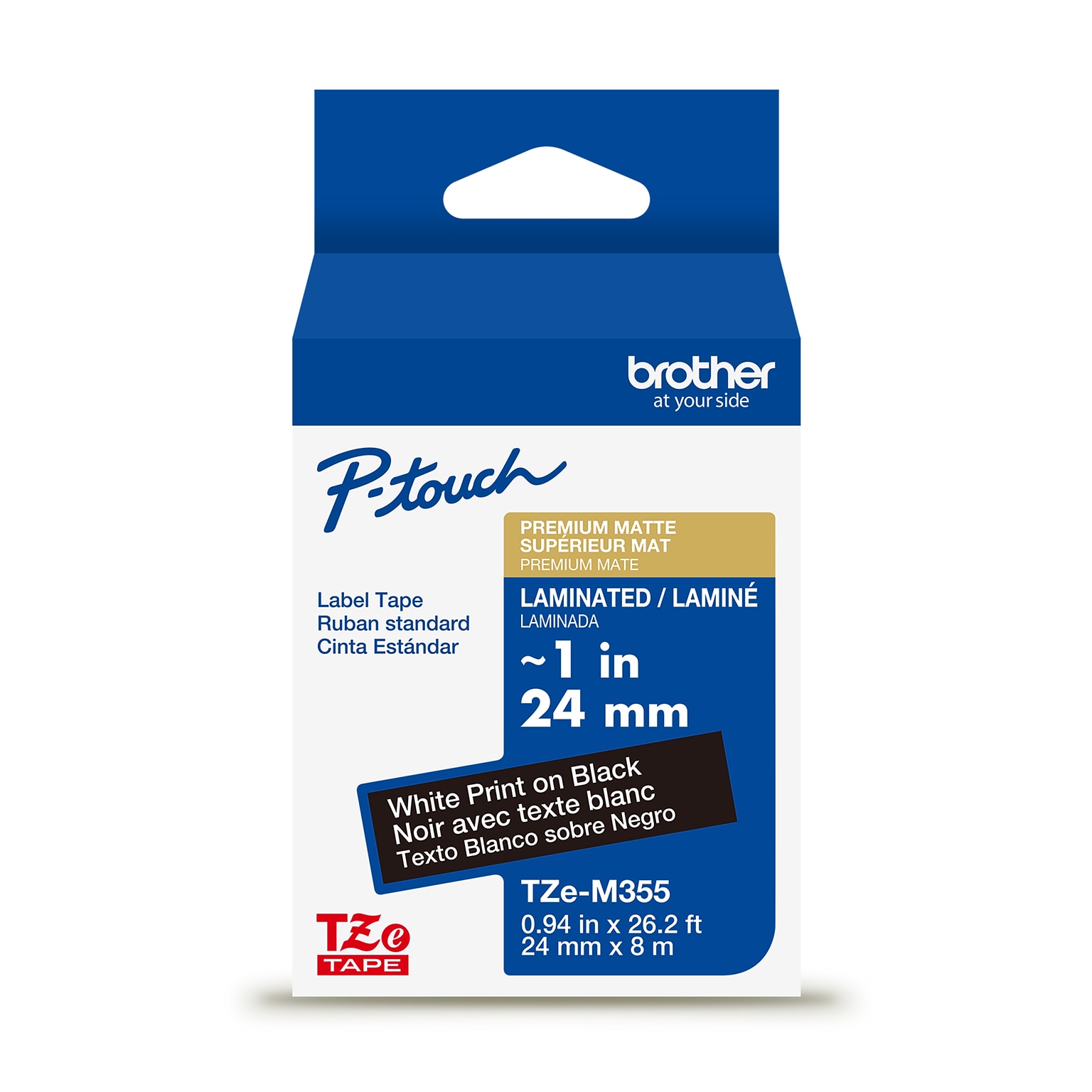 Brother P-touch Premium Matte Laminated Label Tape, 1 x 26.2, White on Black (TZeM355)