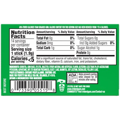 Trident Sugar Free Spearmint Gum, 14 Pieces/Pack, 12 Packs/Box (VAM05017)