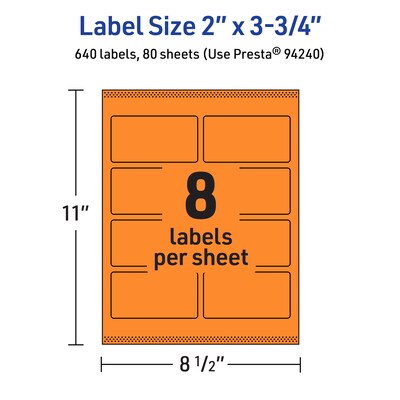 Avery Laser/Inkjet Multipurpose Rectangle Labels, 2" x 3.75", Bright Orange, 640/Box (94240)