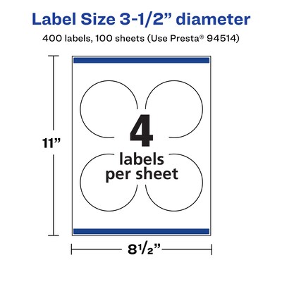 Avery Laser/Inkjet Circle  Waterproof Multipurpose Labels, 3.5"  Dia, White, 400/Box (94514)