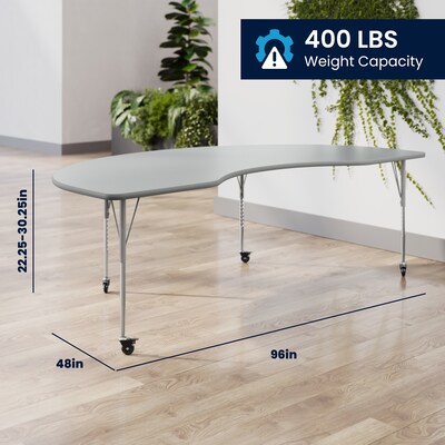 Flash Furniture Wren Kidney Activity Table, 96" x 48", Height Adjustable, Gray Top/Silver Frame (XUA4896KDGYTAC)