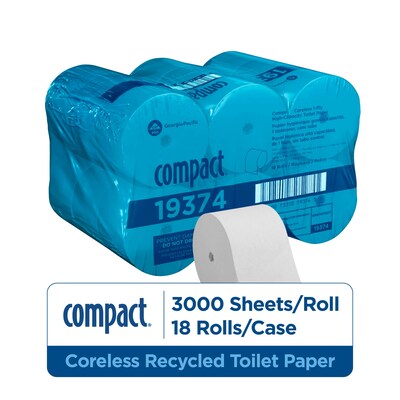 Compact Recycled Coreless Toilet Paper, 1-Ply, White, 3000 Sheets/Roll, 18 Rolls/Carton (19374)