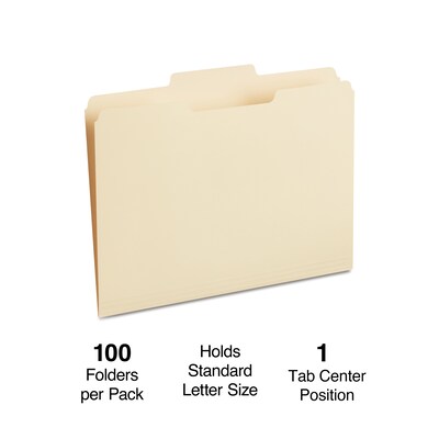Staples 30% Recycled File Folders, 1/3-Cut Tab, Center Position, Letter Size, Manila, 100/Box (ST116780/116780)