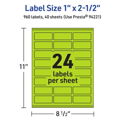 Avery Printable Rectangle Multipurpose Labels, 1" x 2.5", Bright Green, 960/Pack (94221)